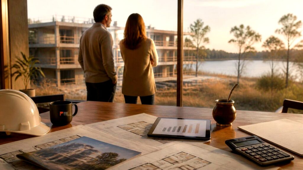 Pareja de inversores mira un edificio en construcción junto al lago en Ciudad de la Costa, con planos y una taza de Once Once Bienes Raíces